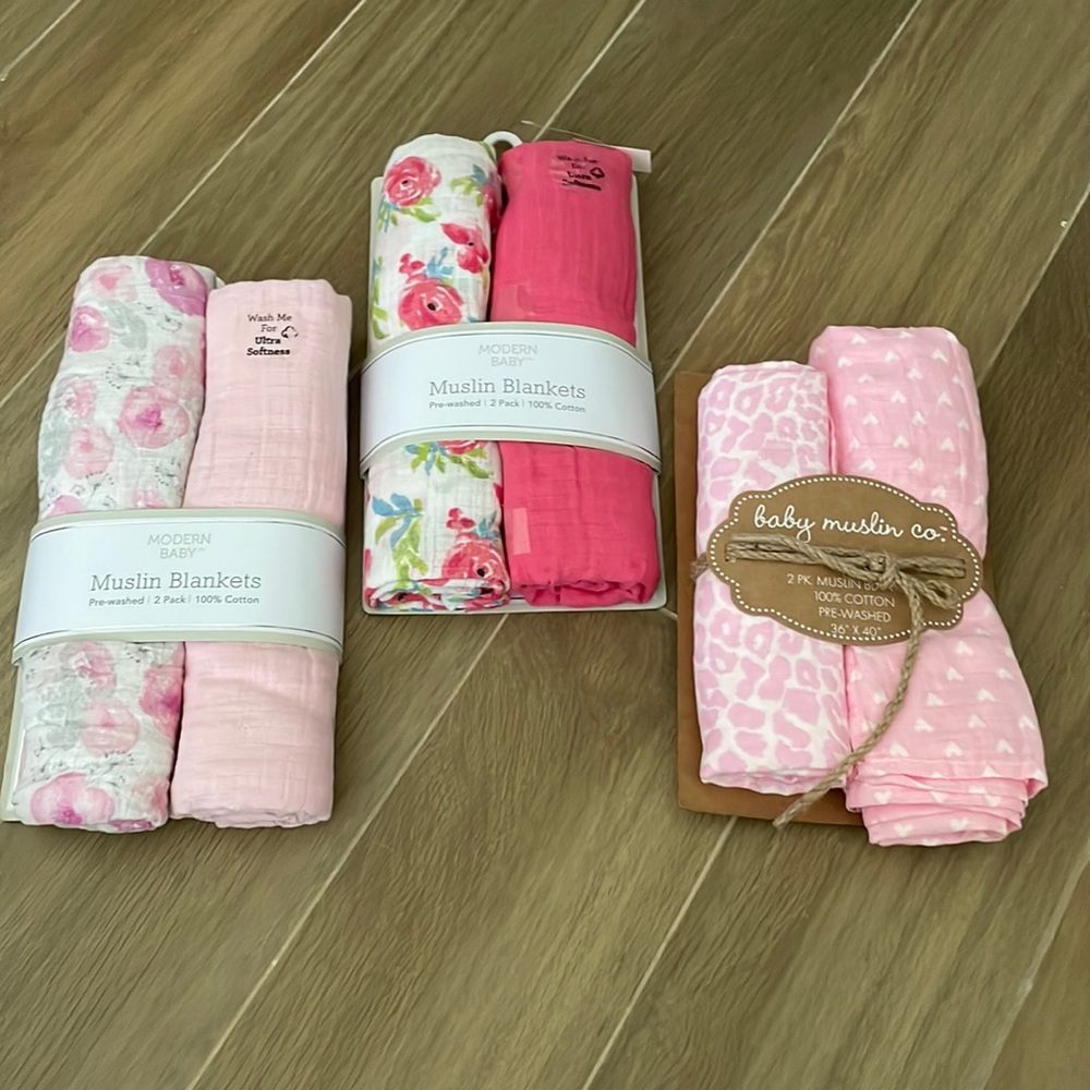 Pink Assorted Muslin Blankets 3 packs of 2 blankets NWT
